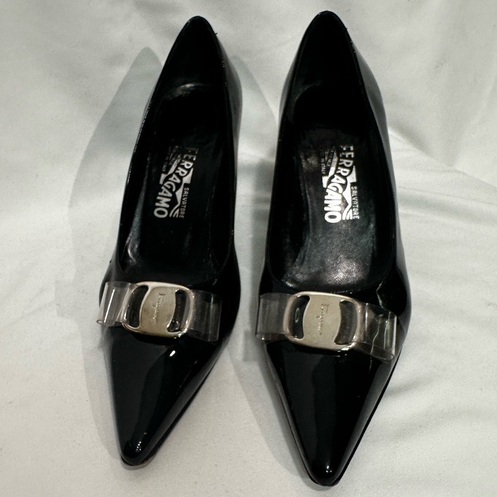 Salvatore Ferragamo Black Heels with Silver Buckle